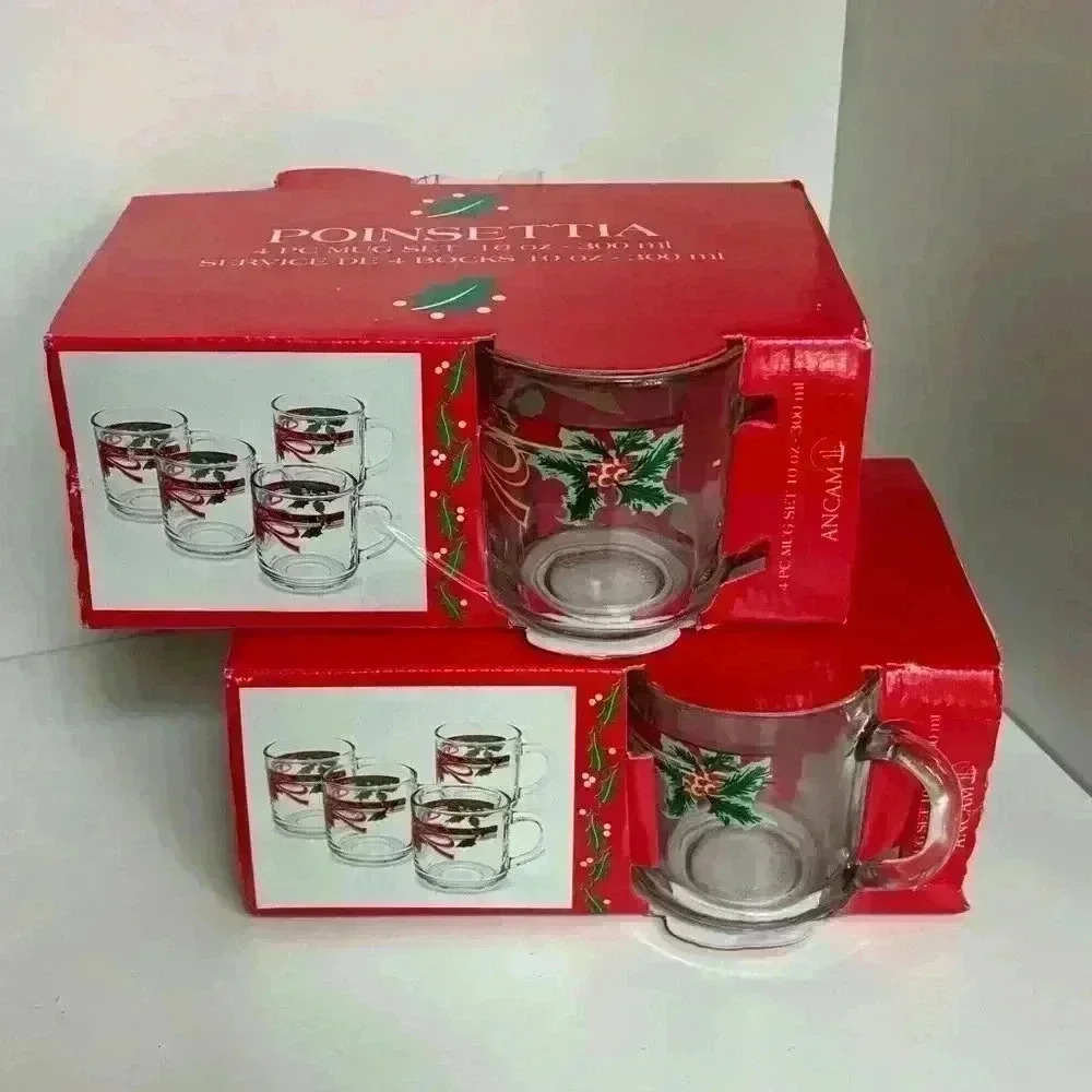 New in box! Two sets of unused vintage glass poinsettia mugs,  perfect for Xmas